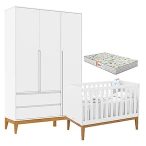 Berço Americano Unique E Guarda Roupa 3 Portas Nature Clean Branco Soft Eco Wood Com Colchão Gazin – Matic