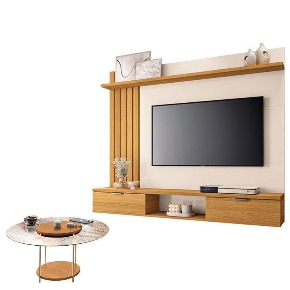 Painel Para Suspenso Lets E Mesa De Centro Sky Com Tampo De Vidro Cinamomo Off White – Hb Móveis