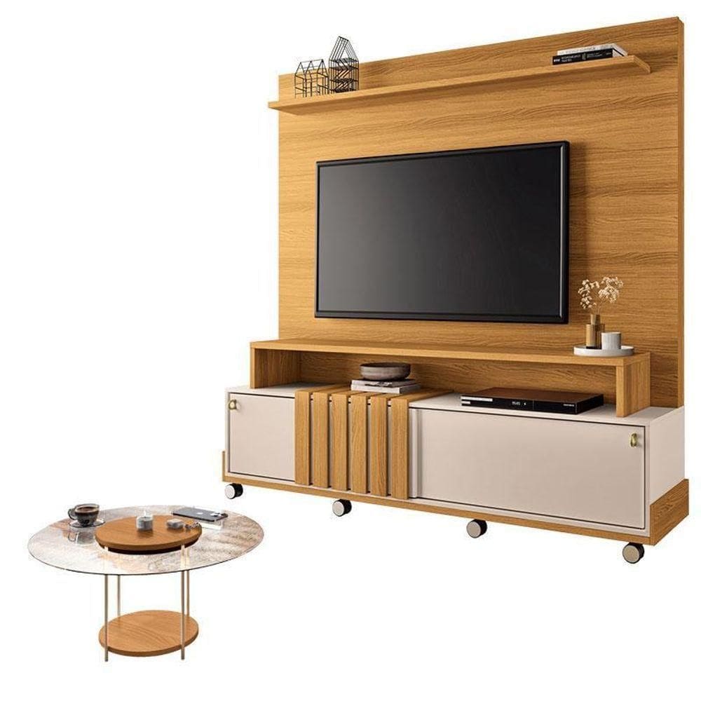 Estante Home Theater Bold Off White Cinamomo E Mesa De Centro Sky Com Tampo De Vidro Cinamomo – Hb Móveis