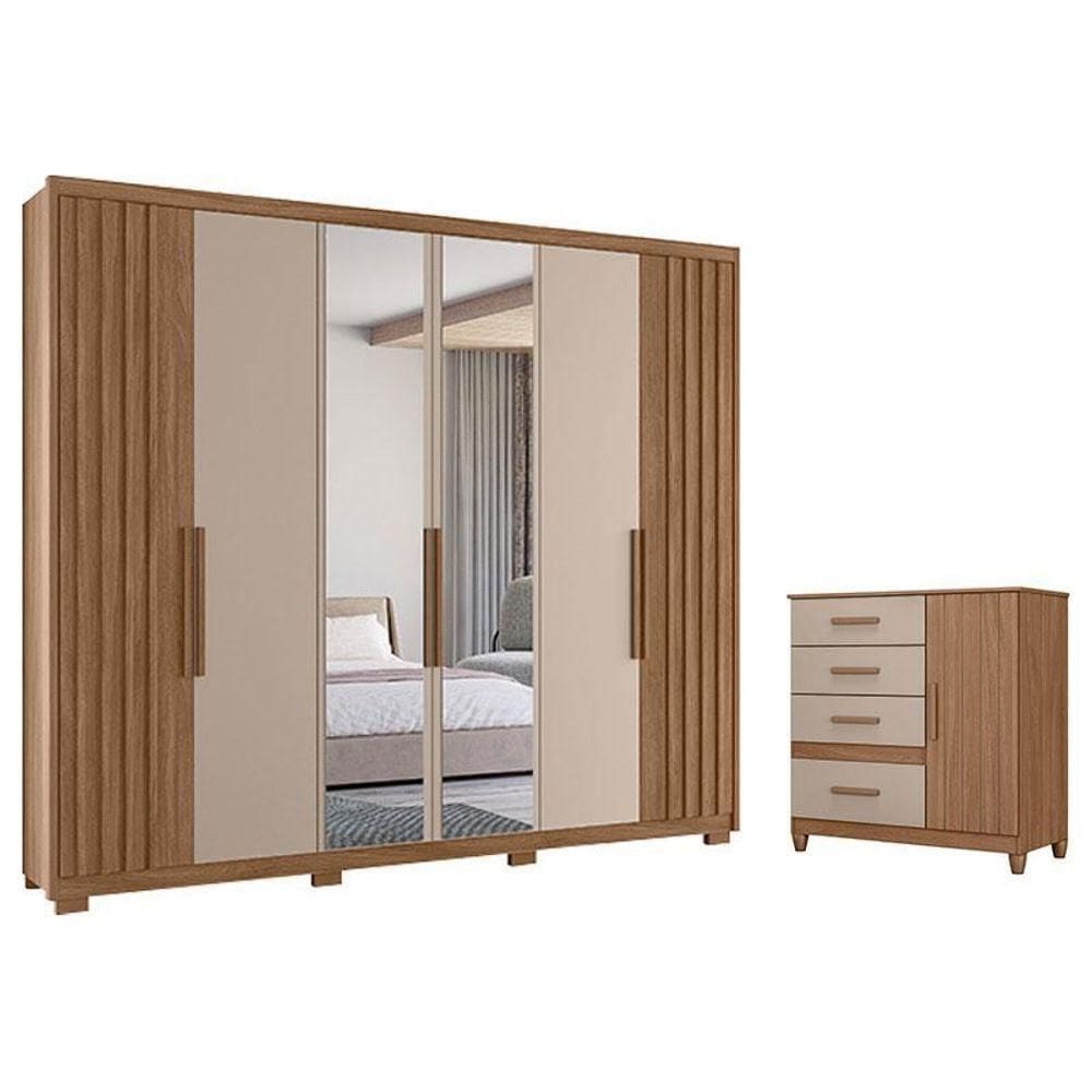 Guarda Roupa Casal Araguaia E Cômoda Vênus Carvalho Fendi Com Espelho E Pés - Moval