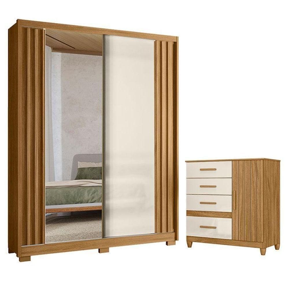 Guarda Roupa Solteiro Colorado E Cômoda Vênus Freijó Off White Com Espelho E Pés - Moval