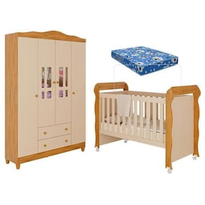 Berço Americano Mirelle E Guarda Roupa Infantil Ariel 4 Portas Off White Bétula Com Colchão Ortobom– Carolina Baby
