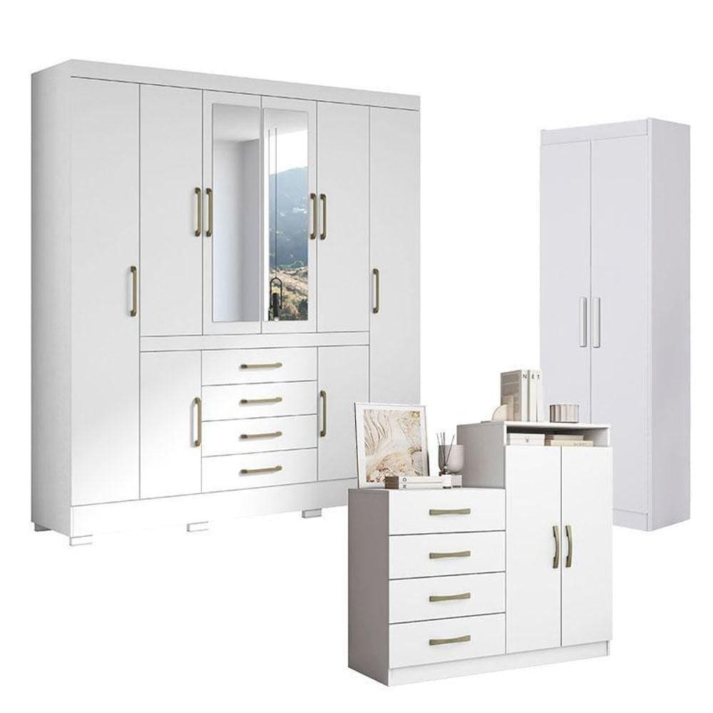Guarda Roupa Casal Nápole 2045149 E Armário Multiuso 2000191 E Cômoda Londres Branco - Aramóveis