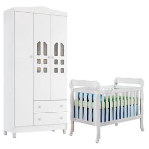 Berço Americano Lila E Guarda Roupa Infantil New Selena 3 Portas Branco Brilho – Carolina Móveis