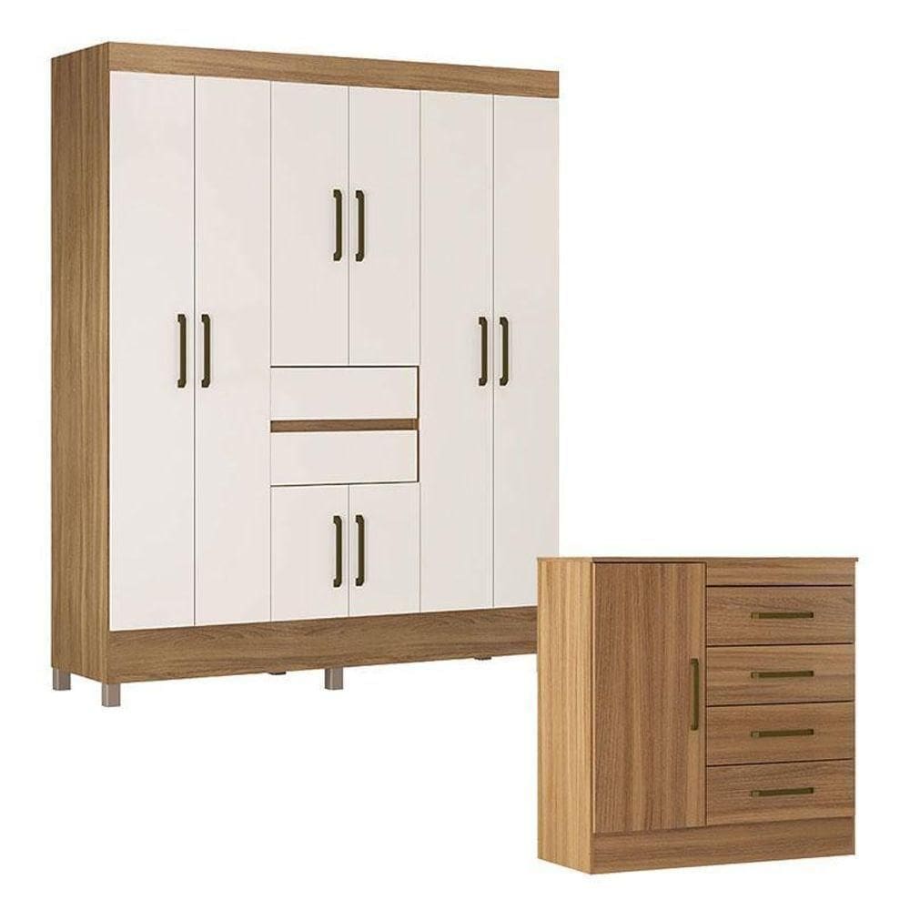 Cômoda Montevidéu E Guarda Roupa Casal Munique Amêndola Off White - Demóbile