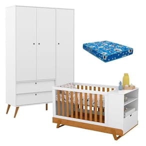 Berço Multifuncional Bkids Com Guarda Roupa 3 Portas Gold Branco Freijó Eco Wood E Colchão – Matic