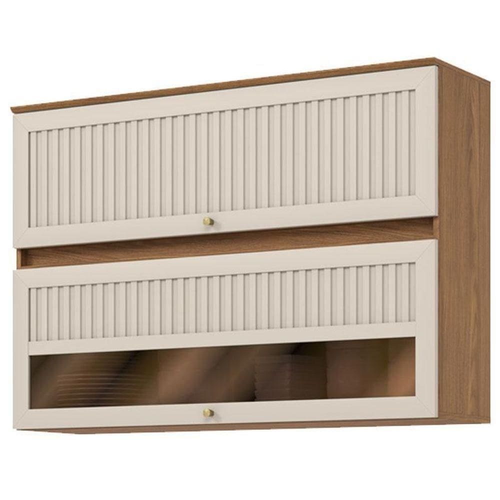 Armário Aéreo 2 Portas Basculantes Ripado Com Vidro 120 Cm Requinte Nature Areia – Henn