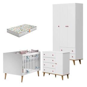 Quarto De Bebê Fernanda 3 Portas Com Berço Ludmila Branco Acetinado Bétula E Colchão Gazin – Carolina Baby