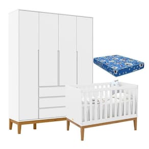 Berço Americano Unique E Guarda Roupa 4 Portas Nature Clean Branco Soft Eco Wood E Colchão Ortobom – Matic