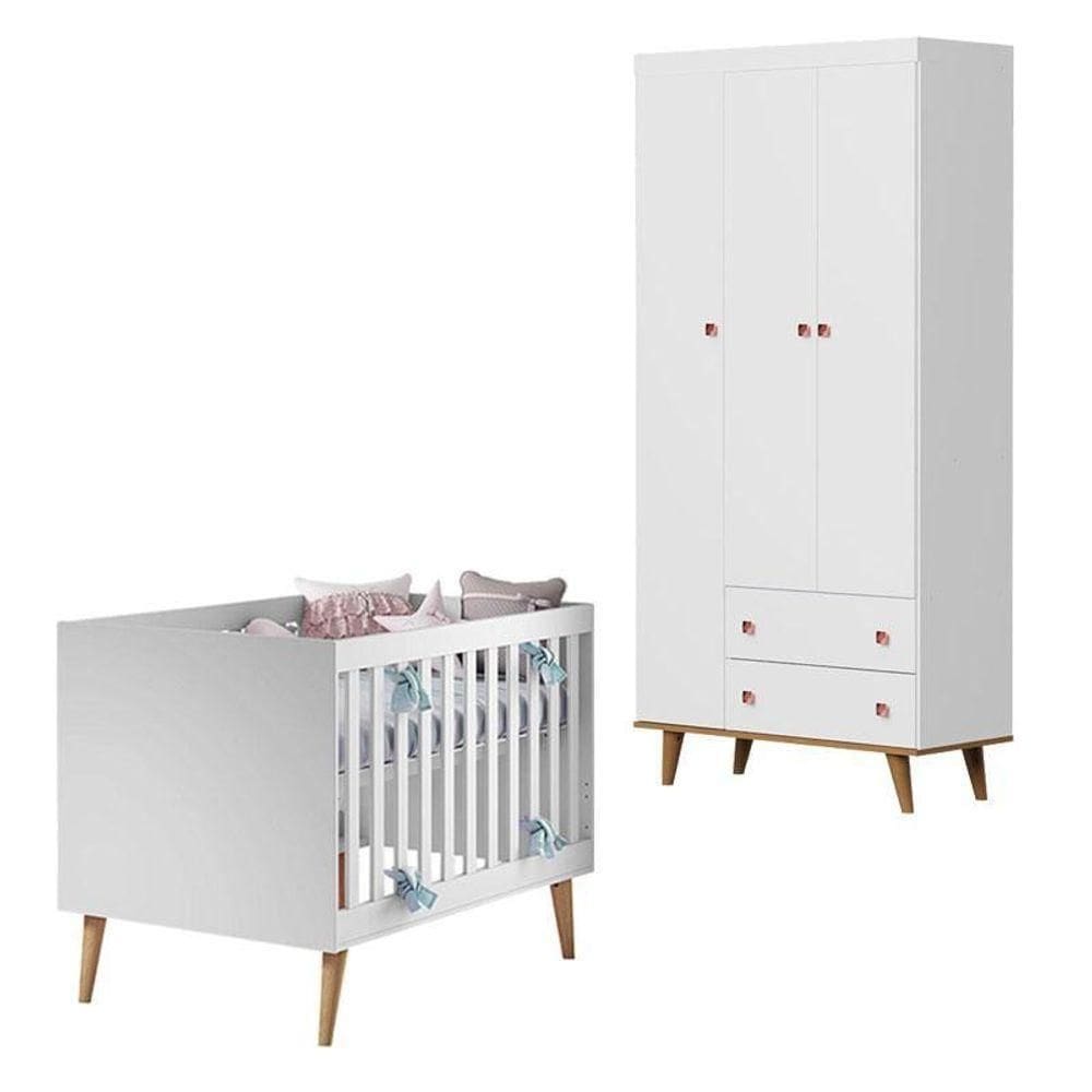 Guarda Roupa Fernanda 3 Portas E Berço Ludmila Branco Acetinado Bétula – Carolina Baby