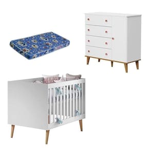 Berço Americano Ludmila E Cômoda Fernanda Branco Acetinado Bétula Com Colchão Ortobom – Carolina Baby