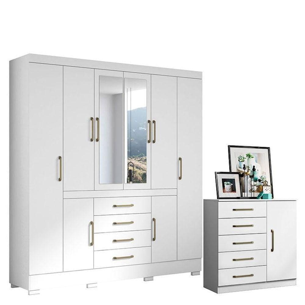 Cômoda Milão E Guarda Roupa Casal Nápole 2045149 Branco Brilho - Aramóveis