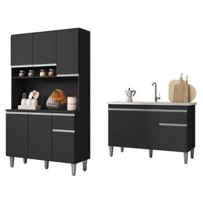 Balcão De Pia Tatiane 120 Cm E Armário Cozinha Kit Márcia Preto Fosco - Ajl