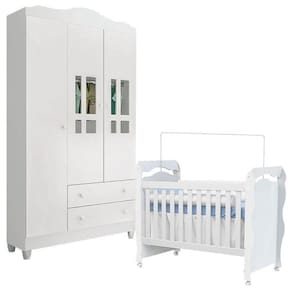 Berço Americano New Nanda E Guarda Roupa Infantil Ariel 3 Portas Branco Brilho – Carolina