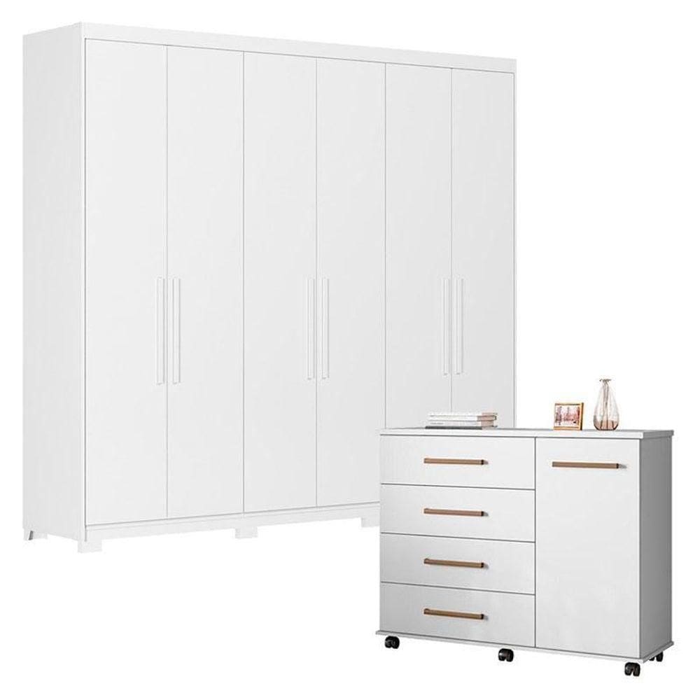 Cômoda Flora E Guarda Roupa Casal Venice 62580pe Branco Brilho Com Pés - Demóbile