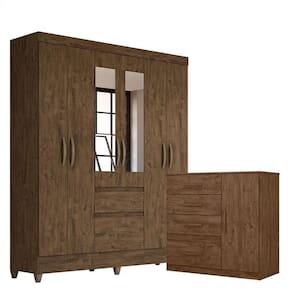 Guarda Roupa Casal New Cuba Com Espelho E Cômoda Venus Castanho Wood - Moval