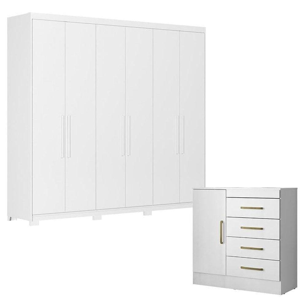 Cômoda Montevideu E Guarda Roupa Casal Venice 62480pe Branco Brilho Com Pés - Demóbile
