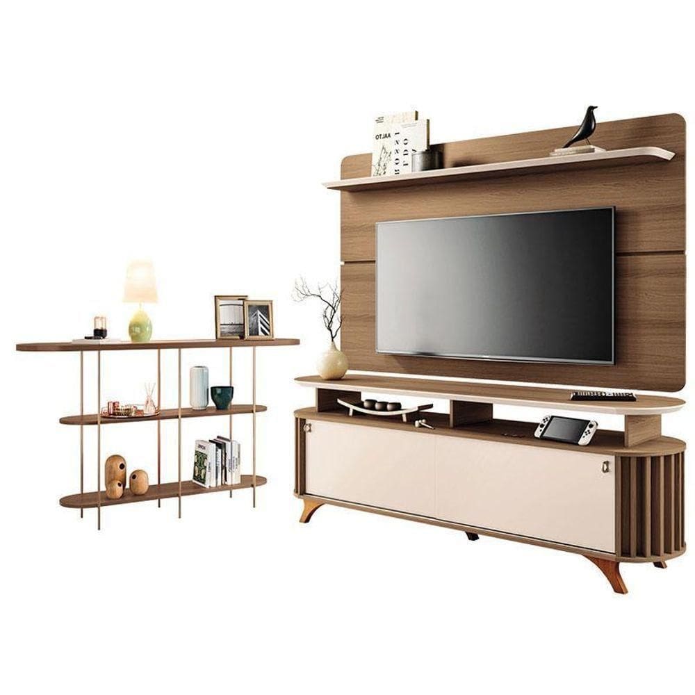 Rack Bancada Alba Com Painel Curv Com Aparador Infinity Castanho Off White – Hb Móveis