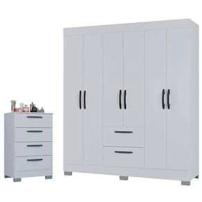 Cômoda 867 4 Gavetas E Guarda Roupa Casal Tóquio 6 Portas Branco Brilho - Poquema