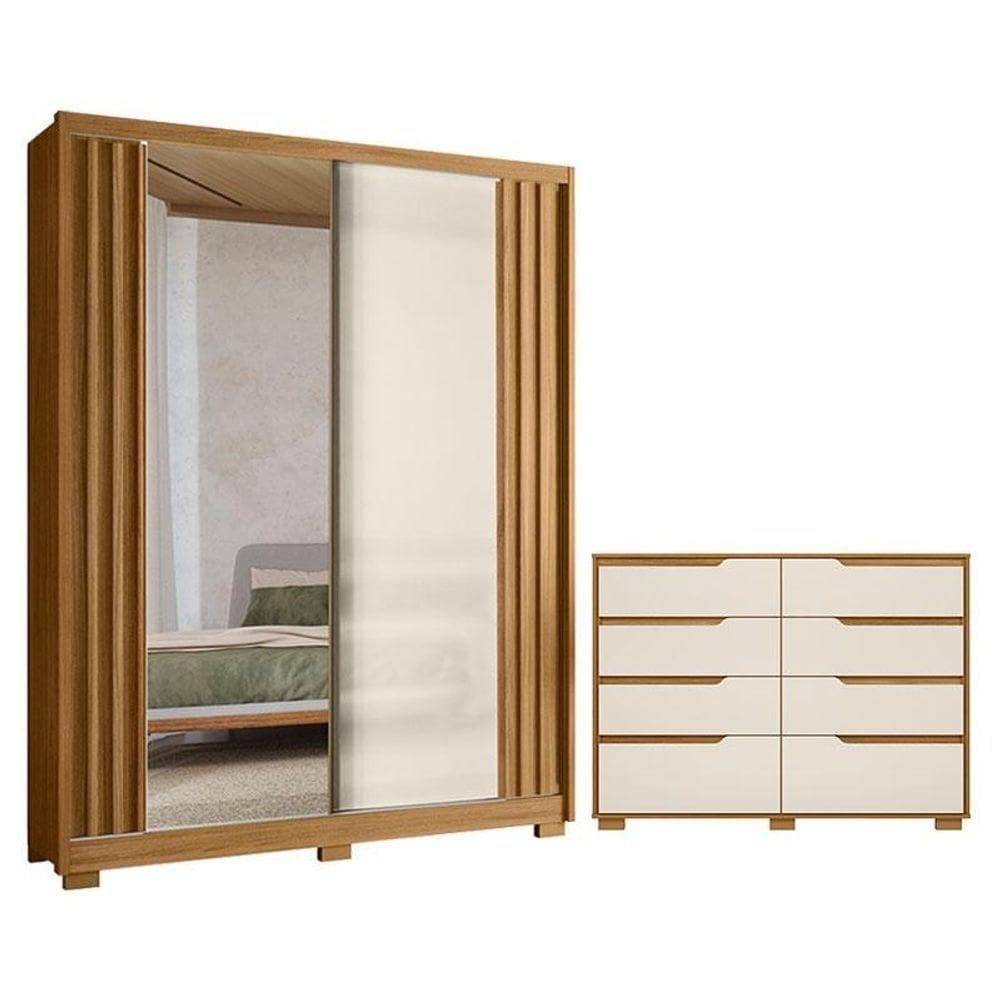 Guarda Roupa Solteiro Colorado E Cômoda Georgia Freijó Off White Com Espelho - Moval