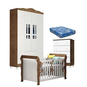 Quarto De Bebê Ariel 4p Gaveteiro E Berço Lara Branco Acetinado Amadeirado Com Colchão – Carolina