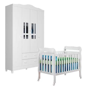 Berço Americano Lila E Guarda Roupa Infantil Ariel 4 Portas Branco Brilho - Carolina
