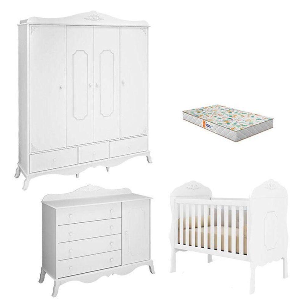 Quarto De Bebê Realeza E Cômoda 1 Porta Branco Acetinado Com Colchão Gazin – Canaã