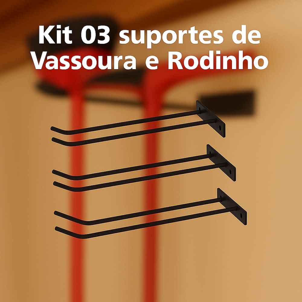 Kit 03 Suporte duplo de Vassoura|Rodinho de parede de ferro