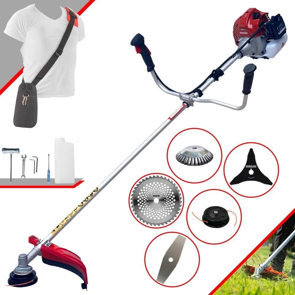 Roçadeira Aparador de Grama À Gasolina BCJ431L 43cc 1,7HP Com Carretel e Faca 2 Pontas + Faca 3 Pontas, Faca 40 Dentes de Vídea e Disco Escova de Aço