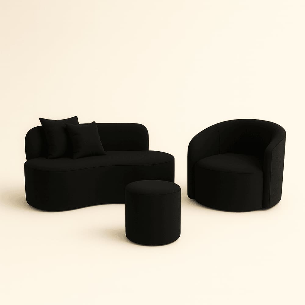 Conjunto 01 Poltrona + Sofá e 1 Puff Curvo Orgânico Nature Gaia Sued Preto - Montanaris Decor