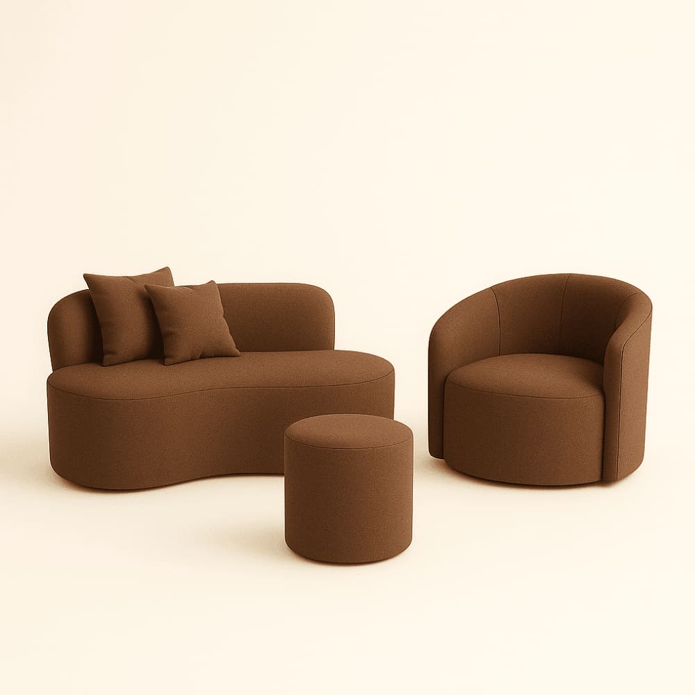 Conjunto 01 Poltrona + Sofá  e 1 Puff Curvo Orgânico Nature Gaia Sued  Marrom - Montanaris Decor