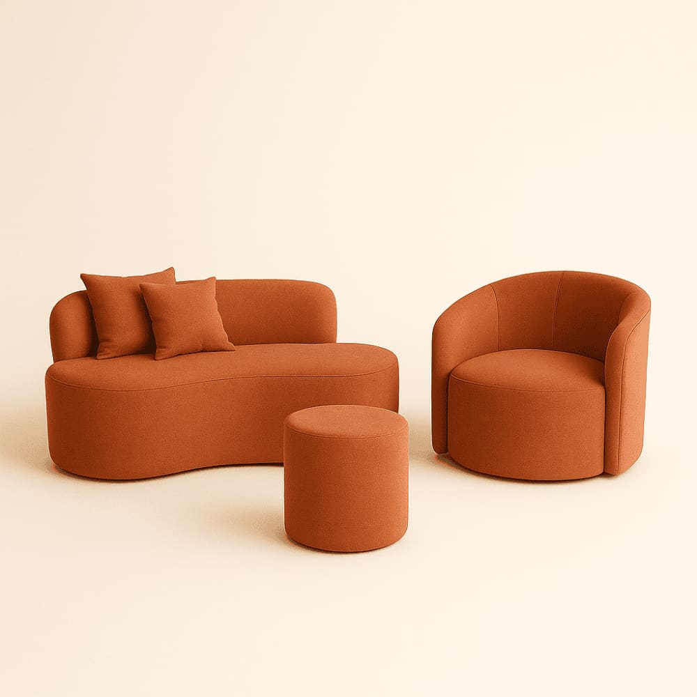 Conjunto 01 Poltrona + Sofá  e 1 Puff Curvo Orgânico Nature Gaia Suede Terracota  - Montanaris Decor