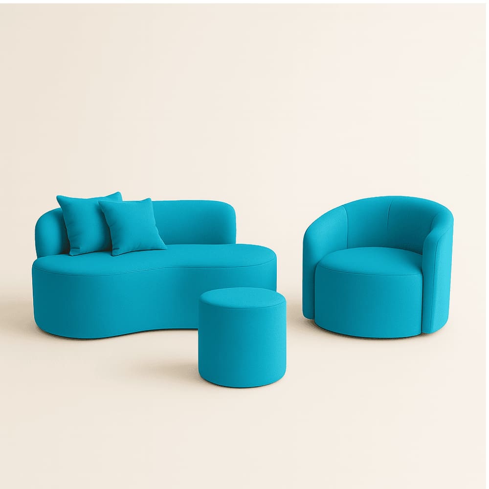 Conjunto 01 Poltrona + Sofá  e 1 Puff Curvo Orgânico Nature Gaia Sued  Azul Turquesa  - Montanaris Decor