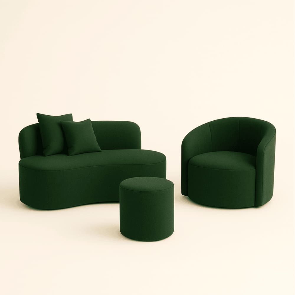 Conjunto 01 Poltrona + Sofá  e 1 Puff Curvo Orgânico Nature Gaia Sued Verde - Montanaris Decor