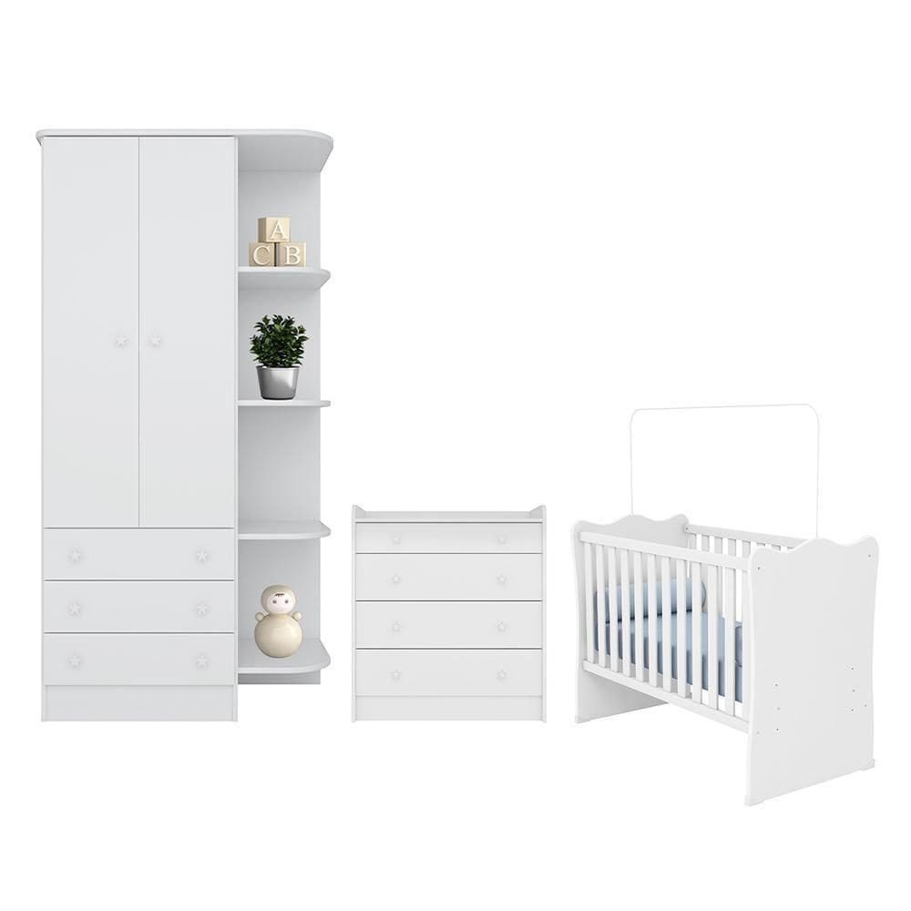Dormitório Doce Sonho Guarda Roupa, Cômoda Trocador E Berço Branco - Qmovi Branco