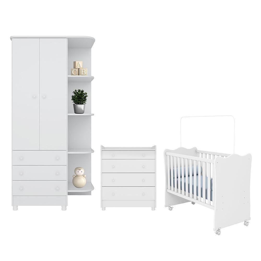 Dormitório Doce Sonho Guarda Roupa, Cômoda Trocador E Berço Branco Com Rodízio - Qmovi Branco