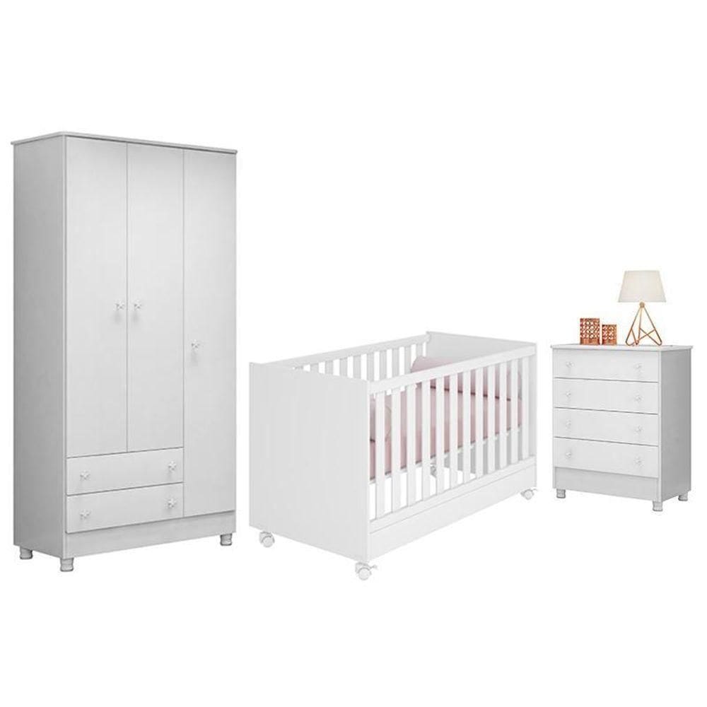 Dormitório Doce Sonho 3 Portas, Cômoda 4 Gavetas E Berço Mini Cama Branco Com Rodízio - Qmovi Branco