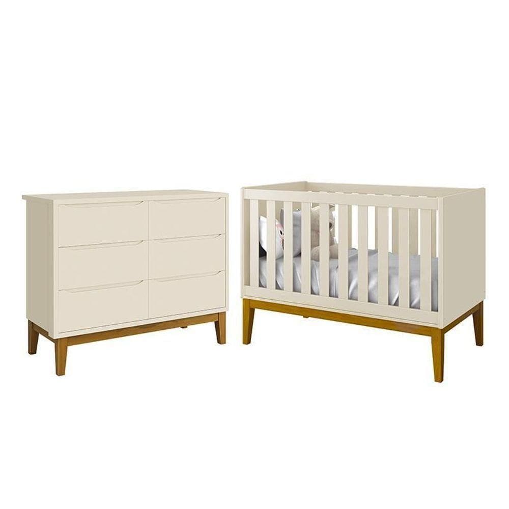 Jogo De Quarto Infantil Classic Cômoda 6 Gavetas E Berço Areia Fosco Com Pés Amadeirado - Reller Móveis Areia Fosco