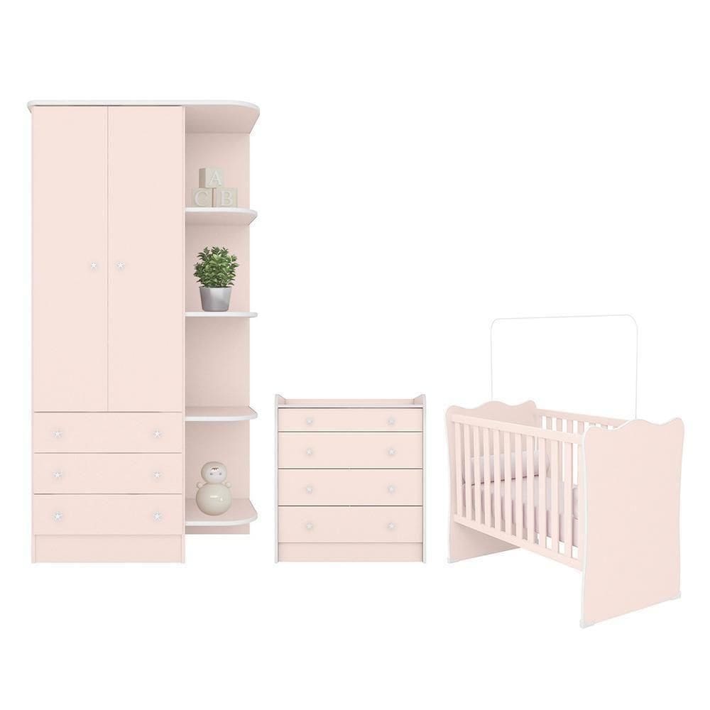 Dormitório Doce Sonho Guarda Roupa, Cômoda Trocador E Berço Rosa Acetinado - Qmovi Rosa Acetinado