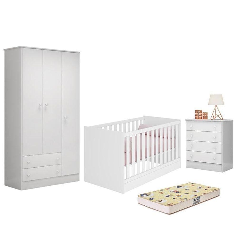 Dormitório Doce Sonho 3 Portas, Cômoda 4 Gavetas, Berço Mini Cama Branco E Colchão - Qmovi Branco