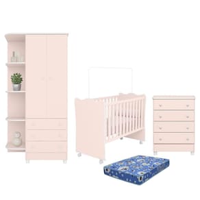 Dormitório Doce Sonho 2 Portas, Cômoda 4 Gavetas E Berço Rosa Acetinado Com Rodízio E Colchão - Qmovi Rosa Acetinado