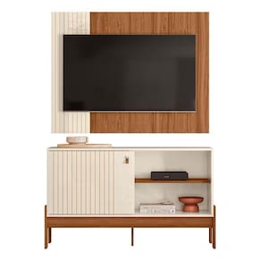 Rack Bancada Com Painel Wood 120cm Pérola Metalizado/cinamomo Mel Para Até 42” - Mobler Pérola Metalizado/cinamomo Mel