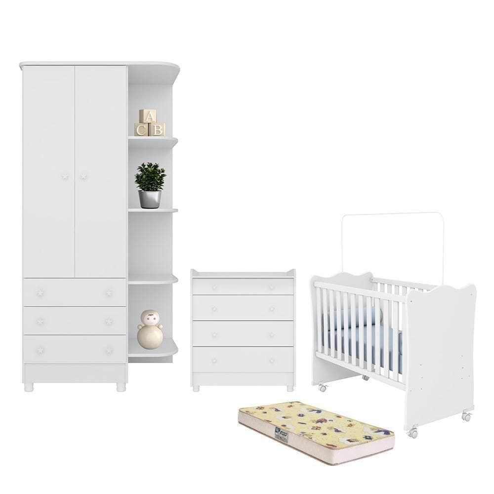 Dormitório Doce Sonho Guarda Roupa, Cômoda Trocador, Berço Branco Com Rodízio E Colchão Supreme - Qmovi Branco