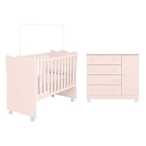 Jogo De Quarto Infantil Doce Sonho Cômoda 1 Porta E Berço Rosa Acetinado Com Rodízio - Qmovi Rosa Acetinado