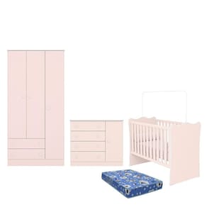 Dormitório Infantil Doce Sonho 3 Portas, Cômoda 1 Porta E Berço Rosa Acetinado Com Colchão - Qmovi Rosa Acetinado