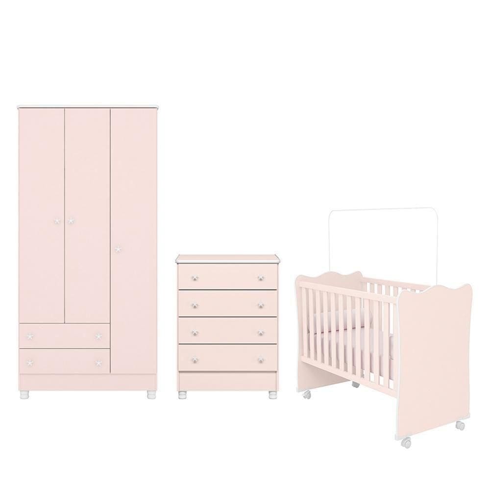 Dormitório Infantil Doce Sonho 3 Portas, Cômoda 4 Gavetas E Berço Rosa Acetinado Com Rodízio - Qmovi Rosa Acetinado