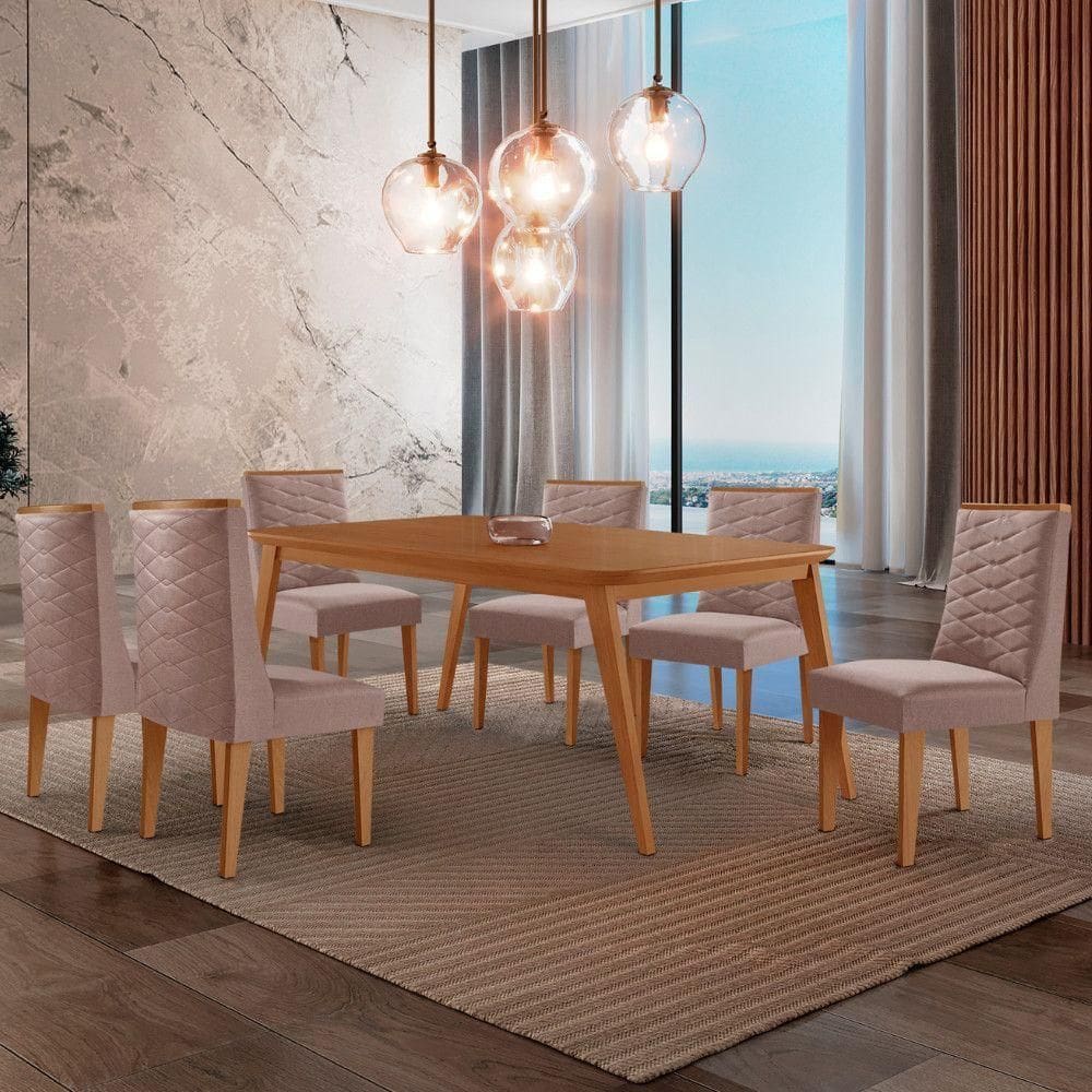 Mesa De Jantar Copper 180cm Tampo Mdf Com 6 Cadeiras Moderna Linho Capuccino//
