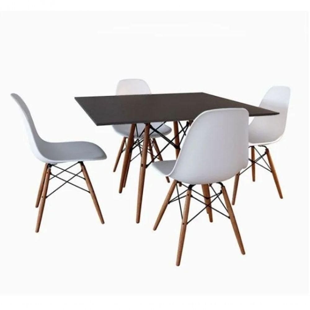 Conjunto Mesa Jantar Quadrada Eiffel 80cm Preto Mdf + 4 Cadeiras Charles Eames Brancas