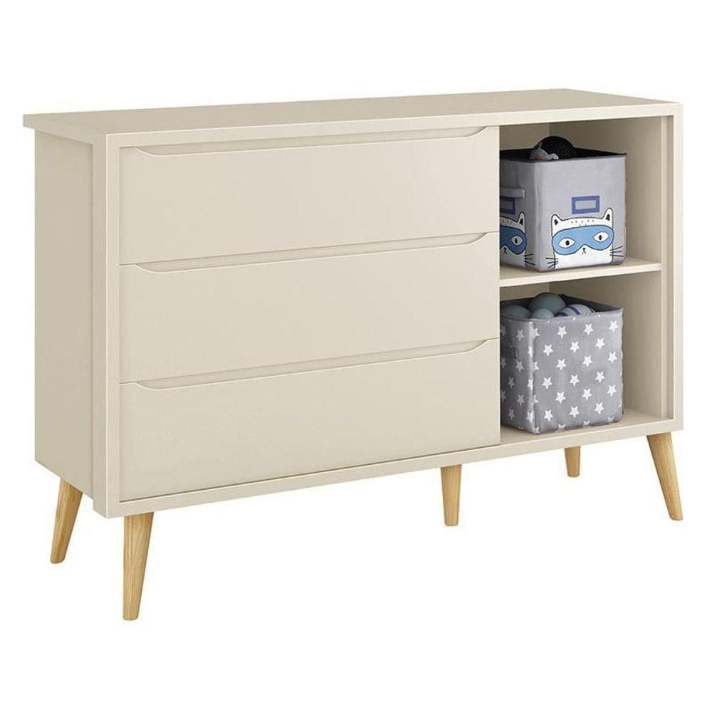 Cômoda Infantil Theo 1 Porta E 3 Gavetas Areia Fosco Com Pés Madeira Natural - Reller Móveis Areia Fosco