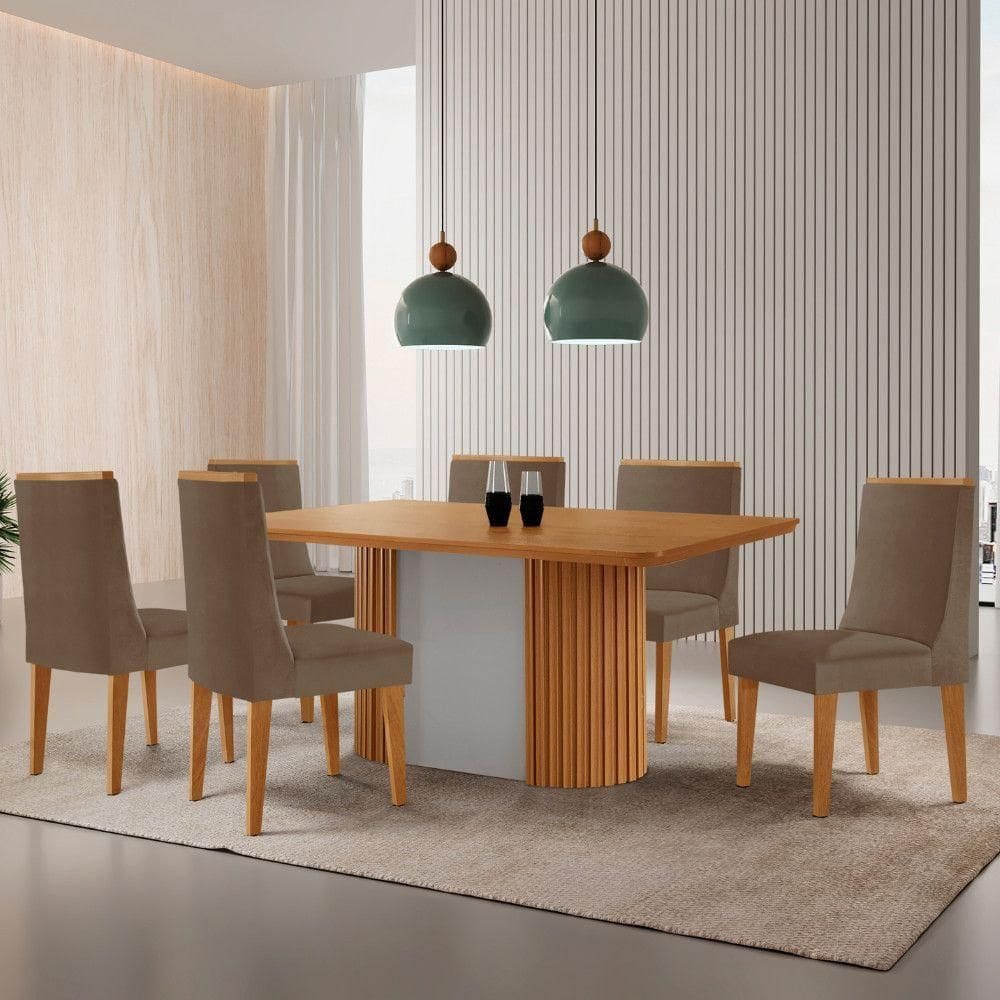 Mesa De Jantar Aspen 180cm Tampo Mdf Laminado 6 Cad Lisboa Veludo Capuccino//off White